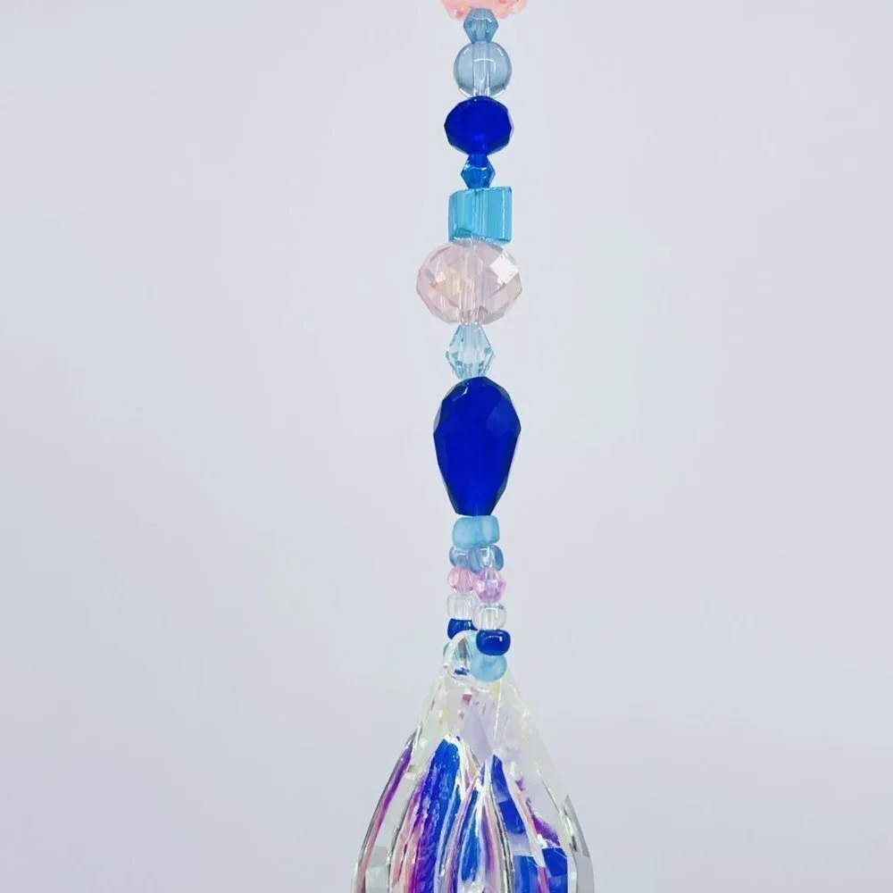 Beaded Suncatcher - Blue Pink - Clear Crystal Prism - Hanging Decor Yard Art